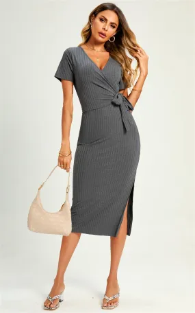 Wrap Style Slip Midi Dress In Charcoal Grey